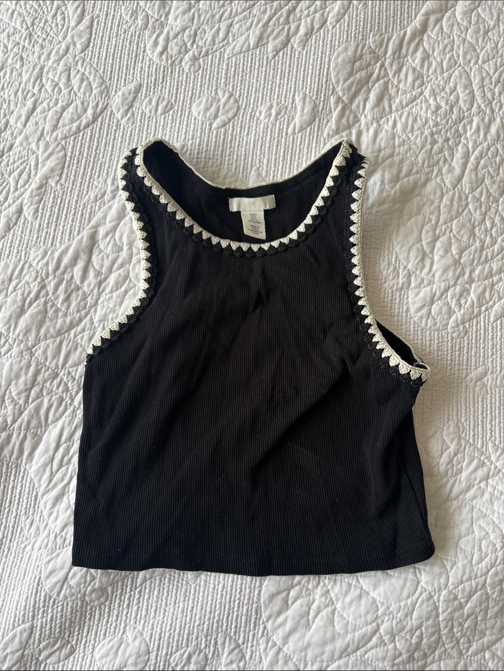 H&M Black Ribbed Crop Tank with White Crochet Trim - Picture 1 of 2